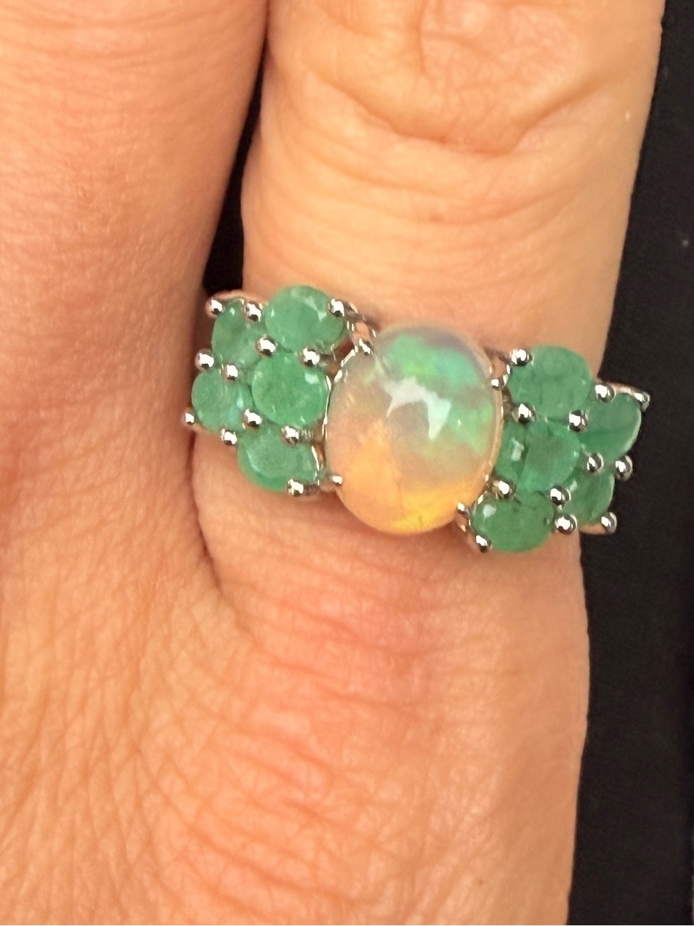 Opal Center Ring with Emerald Green Clusters